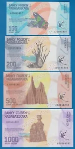 4 Notes, 2017 Madagascar 100 + 200 + 500 + 1000 Ariary P 97 + 98 + 99 + 100 UNC - Picture 1 of 2