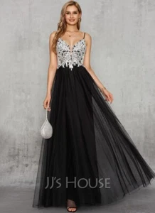 Vestido de noche JJ's House línea A cuello en V hasta el suelo con encaje - Imagen 1 de 5