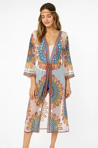 CAMISA TÚNICA BOHO ENCUBRIMIENTO KIMONO HIPPIE TRANSPARENTE BOHEMIO FLORAL BORDADO OS - Imagen 1 de 8