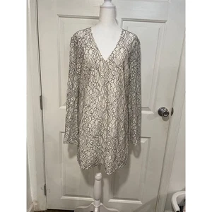Boxy Shift Lace Mini Dress V Neck Long Sleeve Party Date Black Cream L Loose - Picture 1 of 9