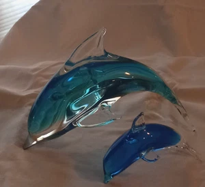 Fifth Avenue Crystal LTD Art Glass Clear Blue Dolphin Figurine 10"  THREE pcs - Picture 1 of 8