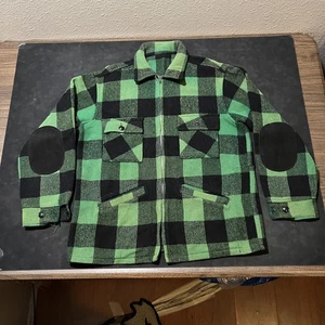 Mackinaw 50s Plaid Wool Jacket Four Pocket Green Black Zip Elbow Leather Hunting - Picture 1 of 13