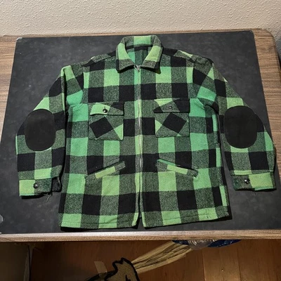Mackinaw 50s Plaid Wool Jacket Four Pocket Green Black Zip Elbow Leather Hunting - Image 1 of 4