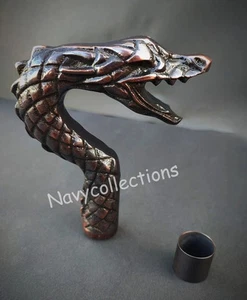 Solid Brass Dragon Head Design Antique Style Handle Wooden Walking Stick 37Inch - Picture 1 of 7