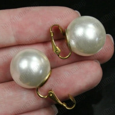 LARGE VINTAGE PEARLS brass CLIP ON EARRINGS 18mm big whole round pearl CREAM - Image 1 of 4