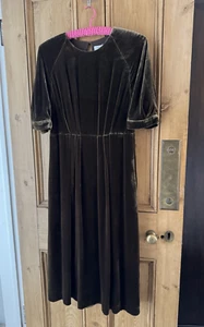 Toast Dark Gold Brown Green Silk Velvet Midi Dress - Size 10- Exquisite - Picture 1 of 18