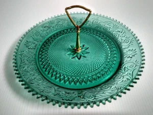 Tiara Indiana Glass Spruce Green Sandwich Handled Tidbit 12" Tray Platter - Picture 1 of 8