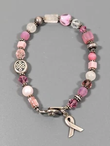 Pink Glass Bead Awareness Ribbon Sterling Silver 925 Charm Celtic Bracelet 6.5" - Picture 1 of 8
