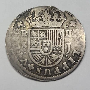 1724 Spanish 2 Reales Silver Pistareen Pirate Age Silver Coin Genuine *J270 - Picture 1 of 2