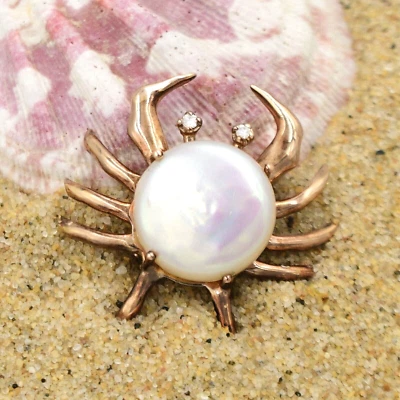 Broche/alfiler de oro amarillo de 14 k con perlas de agua dulce y diamantes cangrejo animal Foto 1 de 4