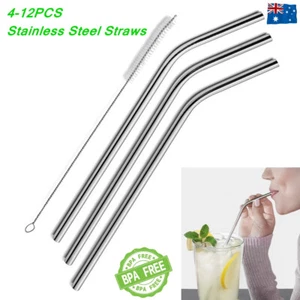 4-12pcs Metal Straws Stainless Steel Drinking Bent Straw Pipe Set Brush Reusable - Picture 1 of 12