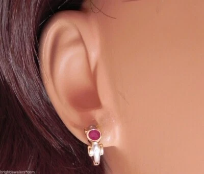 Petite Ladies 14k Two-Tone Ruby w/ Diamond Accents Hoop Style Earrings - Image 1 of 4