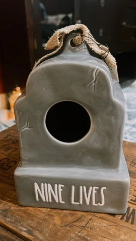 Rae Dunn Tombstone Nine Lives Birdhouse In Grey NEW Cover
