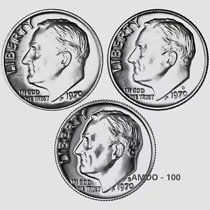 1970 P D S - Set di 3 monete Roosevelt Dimes prova e non in circolazione dagli Stati Uniti nuovo di zecca - Foto 1 di 2