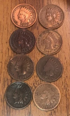 Indian Cents 1896,1881,1898,1890,1905,1903,00,07,Get (8) These Actual Coins C205 - Image 1 of 2