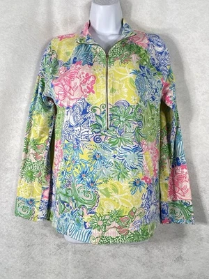 Lilly Pulitzer Patrón Popover Talla Mediana Azul Rosa 1/2 Cremallera Manga Larga Floral Foto 1 de 4