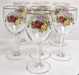 7 Royal Albert Old Country Roses Goblet Wine Glasses 7.25" Tall, Gold Rim - Picture 1 of 20