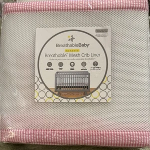 Forro de cuna de malla transpirable clásico rosa y blanco a rayas en la parte superior e inferior - Imagen 1 de 7