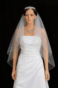2T White Bridal Fingertip 50 Rhinestone Pencil Edge Center Gathered Wedding Veil - Picture 1 of 5