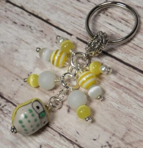 Owl Ceramic Glass Cat Eye Beaded Handmade Keychain Split Key Ring Yellow White - Picture 1 of 3