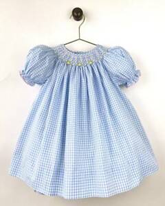 Petit Ami Blue Gingham Bishop Smocked Dress with Yellow Flowers  12 18 24 Months
