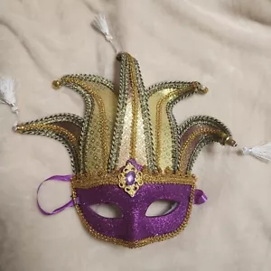 Mardi Gras Jester Venezia Mask Purple Gold - Picture 1 of 4