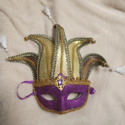  Mardi Gras Jester Venezia Mask  Purple Gold  - Image 1 of 4
