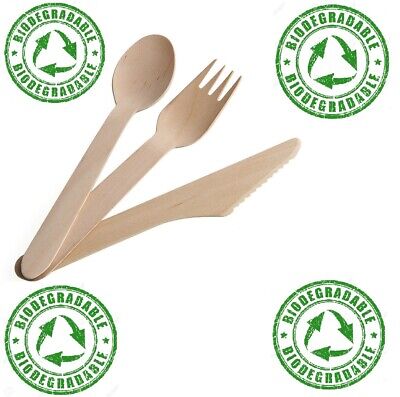 100 X Wooden Spoons Fork  Biodegradable Disposable  Quality Single Use Cutlery • 6.75£