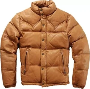 Mens Down Puffer Leather Jacket Casual Bomber Real Leather Puffy Fashion Coat - Picture 1 of 3