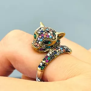 Women Multi Simulated Stone Colorful 925 Sterling Silver Ring Cat Animal Figure - Picture 1 of 10
