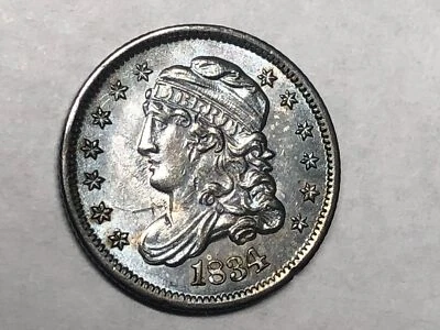 Media moneda de diez centavos de plata BUSTO TAPADO 1834. Archivo de prueba completo UNC obv scratch, llanta rev #nrd1 Foto 1 de 4