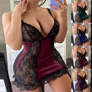 Womens Sexy Lace Satin Nightie Silk Nightdress Lingerie Chemise Babydoll Robe - Picture 1 of 28