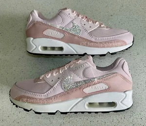 Customised Blush Pink Crystal Sparkle Nike Air Max 90 Ladies Trainers - Picture 1 of 4