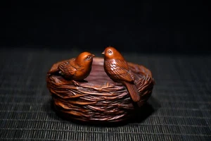 Vintage Wood Wooden Carved Bird Nest House Home Decor Gift Natural Warm Children - Picture 1 of 9
