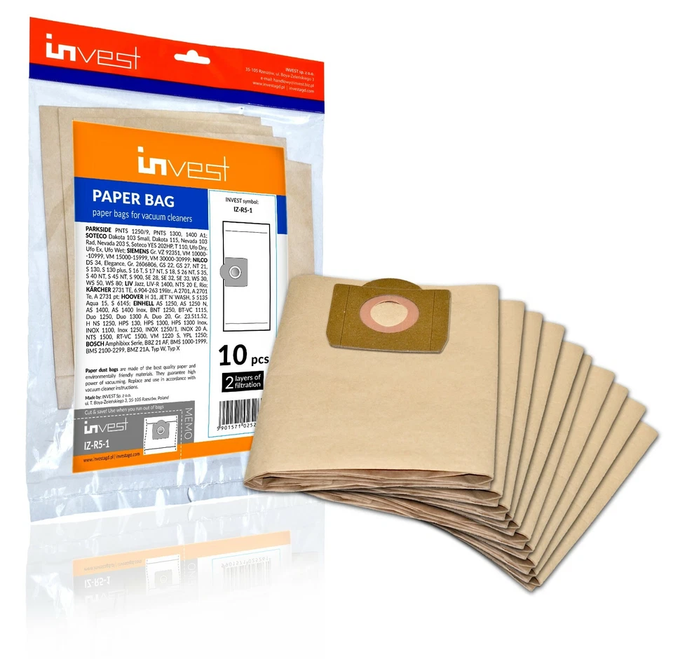 INVEST 10 Staubsaugerbeutel für PARKSIDE PNTS 30, 1250/9, 1300, 1400, 1500