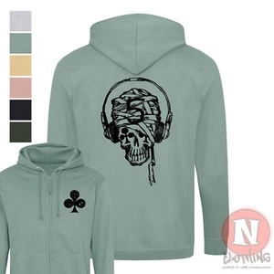 Grunge Skull and headphones zip Hoodie Y2K polycotton adult zipped hooded sweat - Picture 1 of 13