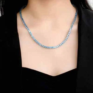 3 mm Rundschliff Lab Created Blautopas Tennis Halskette 20" 14K Weißgold plattiert - Bild 1 von 9