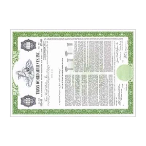 Certificado de acciones de Trans World Airlines Inc./ 1.000 acciones/verde/ década de 1970 - Imagen 1 de 2