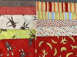 Lot of 10 fat quarters Moda Funky Sock Monkey cotton fabric bundle 18" x 22" - Picture 1 of 4