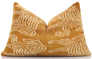 Luxury Golden Yellow Ikat Silk Velvet Throw Pillow 16x24 – Handmade Lumbar - Picture 1 of 8