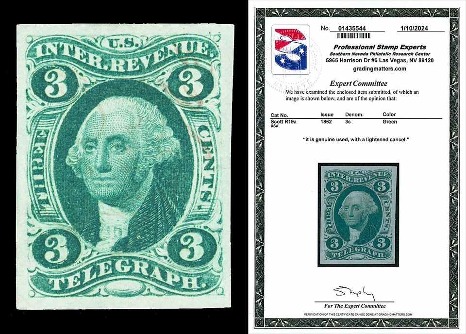 Scott R19a 1862 3c Imperf Telegraph Revenue Used VF Cat $100 with PSE CERT - Image 1 of 1