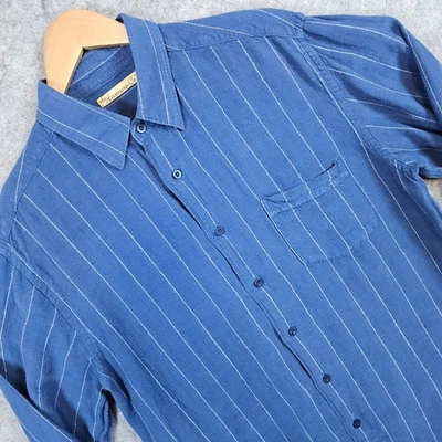 Camisa para hombre The Havanera Co a rayas con botones de lino mezcla de rayón azul talla L Foto 1 de 4