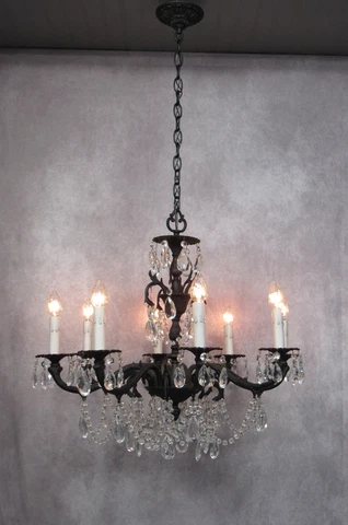 Vintage Large Matte Black Chandelier Restored 41" Long Spanish Brass Crystals Cover