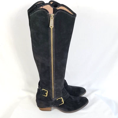 Botas Donald Pliner Negras Gamuza Hasta la Rodilla DELA Doble Cremallera Hebilla Tacón Talla 7.5M Foto 1 de 4