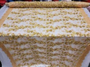 Fabric By The Yard Gold Lace Beaded 3d Satin Floral Flowers Double Scallops  - Picture 1 of 7