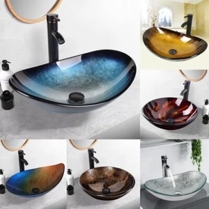 Waschbecken Glas Keramik Aufsatzwaschbecken Waschtisch Waschschale Wasserhahn - Bild 1 von 53