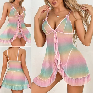 Sexy Women's Lingerie Sheer Rainbow Lace Babydoll V-Neck Nightdress Sleepwear US - Picture 1 of 15