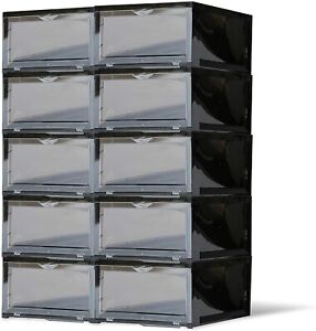 SneakNeat™ Drop Front Shoe Box Stackable Sneaker Container Large [10 PACK] Black