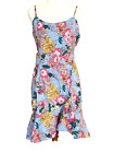 Linen Lux Dress Blue Multicolour Floral Straps Front Ruffle Hemline Belt Size 10