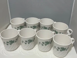 VTG Corning Ware 8-10 oz Green Ivy swirl Coffee Tea Cups Mugs-USA set 8, 2 used - Picture 1 of 6